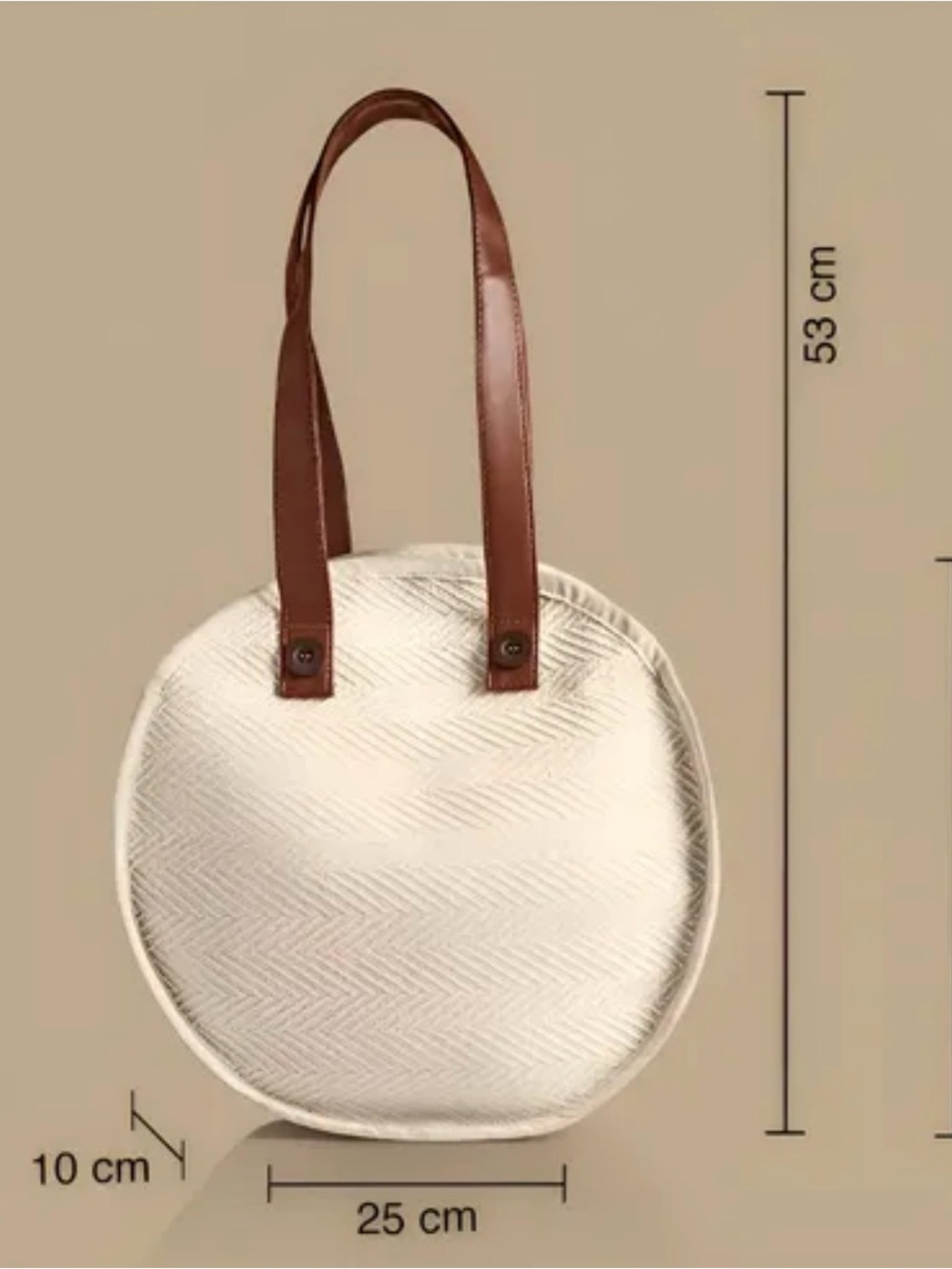 Round Cream Tote with Brown Handles - Casual Women’s Shoulder Bag - Picture 2 of 8